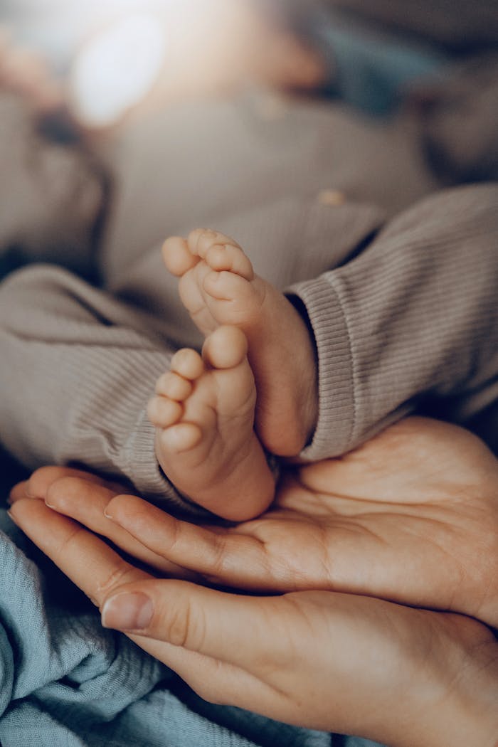 Close-up of a baby's feet cradled in adult hands, symbolizing care and tenderness.